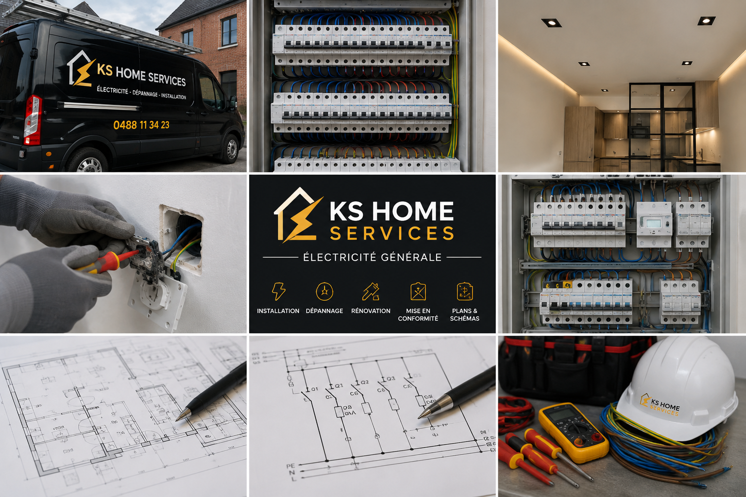 Illustration of KS Home Services electrical work: electrical panel, lighting, repairs and electrical plans